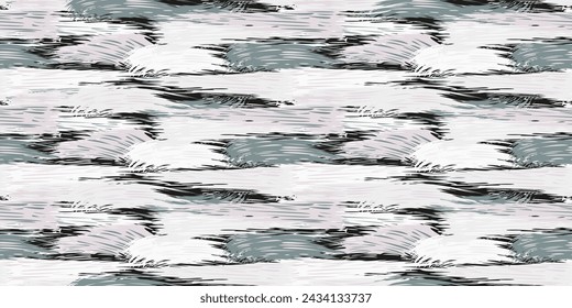 Vector hand drawn artistic oil messy dynamic brush strokes texture seamless pattern. Monotone grey splashes of paint on a black background. Abstract print with stains, drops, spots horizontal lines.
