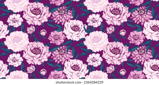 Vector hand drawn artistic, ornate, chic flowers pattern. Floral tapestry. Seamless abstract flowers (peonies, dahlias) background. Template for design, textile, fashion, print, surface design, paper