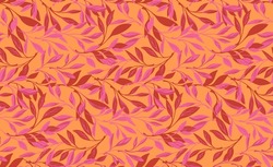 Vector Hand Drawn Artistic Pink Leaves Stem Intertwined In A Seamless Pattern. Ornate, Artistic, Abstract Tiny Leaf Branches Gold Yellow Print. Template For Design, Textile, Fashion, Fabric, Wallpaper