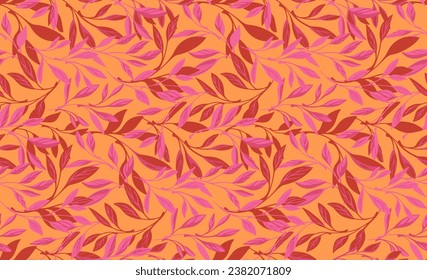 Vector hand drawn artistic pink leaves stem intertwined in a seamless pattern. Ornate, artistic, abstract tiny leaf branches gold yellow print. Template for design, textile, fashion, fabric, wallpaper