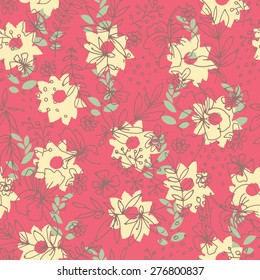 Vector hand drawn artistic seamless pattern with flowers and leaves in pastel retro colors, Endless texture for textile, wallpaper, wrapping paper, web design background. Floral vintage illustration