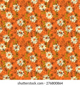 Vector hand drawn artistic seamless pattern with flowers and leaves in pastel retro colors, Endless texture for textile, wallpaper, wrapping paper, web design background. Floral vintage illustration