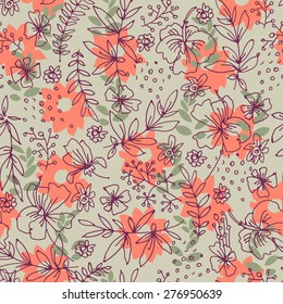 Vector hand drawn artistic seamless pattern with flowers and leaves in pastel retro colors, Endless texture for textile, wallpaper, wrapping paper, web design background. Floral vintage illustration
