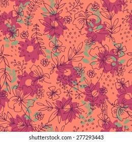Vector hand drawn artistic seamless pattern with flowers and leaves in pastel retro colors. Endless texture for textile, wallpaper, wrapping paper, web design background. Floral vintage illustration