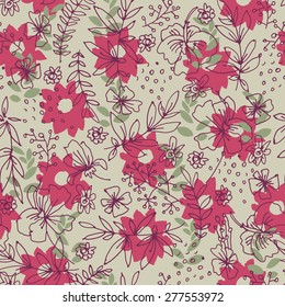 Vector hand drawn artistic seamless pattern with flowers and leaves in pastel retro colors. Endless texture for textile, wallpaper, wrapping paper, web design background. Floral vintage illustration