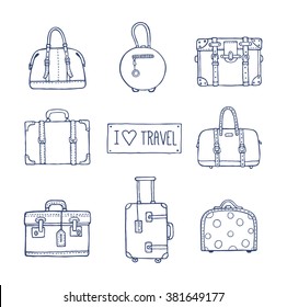 Vector hand drawn artistic sketch illustration of vintage suitcases and bags with text I love travel. Retro style, doodles.