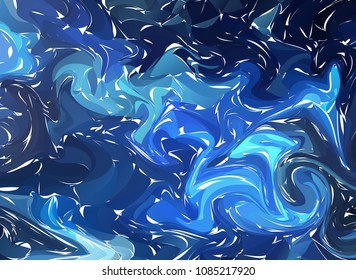 Vector Hand drawn artwork on water marble texture. Blue and white Liquid paint pattern. Abstract colorful background in ebru suminagashi technique.