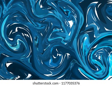 Vector Hand drawn artwork on water marble texture. Liquid paint pattern. Abstract Dark Blue background in ebru suminagashi technique.