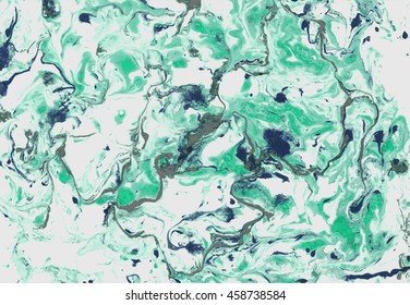 Vector Hand drawn artwork on water marble texture. Liquid paint pattern. Abstract colorful background in ebru suminagashi technique. 
