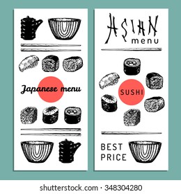 Vector hand drawn asian menu illustration. Hand sketched sushi set. Japanese food, tableware design for restaurant, cafe etc. Rolls, soy sauce, soup, chopsticks drawings.