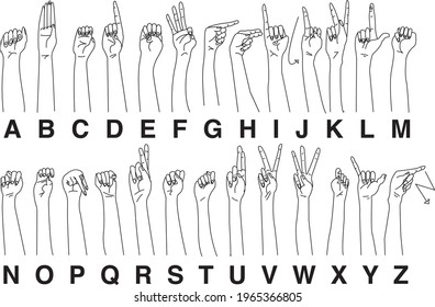 Vector Hand Drawn ASL Sign Language Alphabet A to Z Black and White