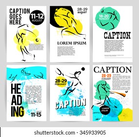 Vector hand drawn athlete card set. Sportsman sketch. Ink drawing. Competition advertising, flyer, leaflet. Swimming, rider, golf stick. Print design, magazine, journal cover, poster illustration.