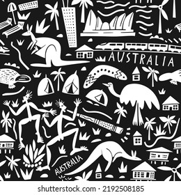 Vector Hand Drawn Australia Seamless Pattern. Travel Illustration With Australian Landmarks, Food, Plants, Buildings, Animals.