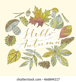 Vector hand drawn autumn elements. Hipster style leaves, cones, mushrooms, chestnuts, acorns, fir needles. Hello autumn quote.