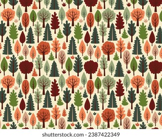 vector hand drawn autumn forest pattern design with green, red and orange tree