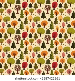 vector hand drawn autumn forest pattern design with green, red and orange tree