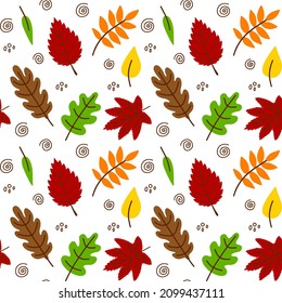 Vector hand drawn Autumn leaves seamless pattern on white background. Decorative doodle leaves. Cartoon scribble leaf icon for wedding design, wrapping, textiles, clothing, ornate and greeting cards
