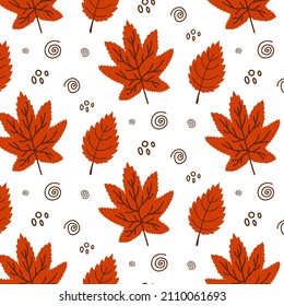 El otoño dibujado a mano vectorial deja un patrón sin fisuras en el fondo blanco. Hojas de doodle decorativas. Icono de la hoja de garabatos de dibujos animados para el diseño de bodas, envolturas, textiles, prendas de vestir, adornos y tarjetas de felicitación