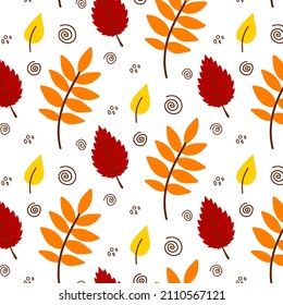 Vector hand drawn Autumn leaves seamless pattern on white background. Decorative doodle leaves. Cartoon scribble leaf icon for wedding design, wrapping, textiles, clothing, ornate and greeting cards