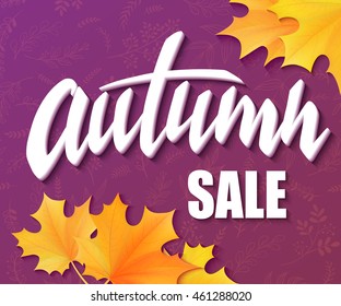vector hand drawn autumn lettering sale label with leaves on doodle brunches background.