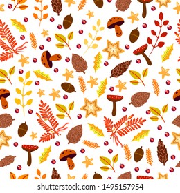 Vector hand drawn autumn seamless pattern with mushrooms, yellow leaves, stars, cones, branches. For wrapping paper, kids apparel, presents, invitations and textile.