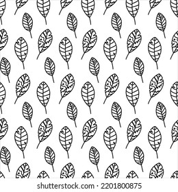 Vector hand drawn autumn seamless pattern leaves isolated on white background. Doodle fall leaves for seasonal design, textile, greeting card, wrap in line art style. Adult and kids coloring page