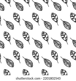 Vector hand drawn autumn seamless pattern leaves isolated on white background. Doodle fall leaves for seasonal design, textile, greeting card, wrap in line art style. Adult and kids coloring page