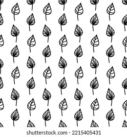 Vector hand drawn autumn seamless pattern leaves isolated on white background. Doodle fall leaves for seasonal design, textile, greeting card, wrap in line art style. Adult and kids coloring page