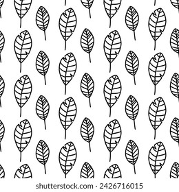 Vector hand drawn autumn seamless pattern leaves isolated on white background. Doodle fall leaves for seasonal design, textile, greeting card, wrap in line art style. Adult and kids coloring page