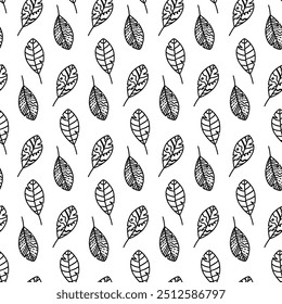 Vetor mão desenhada outono sem costura padrão folhas isoladas no fundo branco. Doodle folhas de queda para design sazonal, têxtil, cartão de saudação, envoltório em estilo de arte de linha. Página de colorir para adultos e crianças