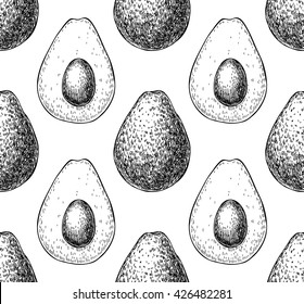 Vector hand drawn avocado seamless pattern. Whole and half peace avocado sketch. Tropical summer fruit engraved style background. Detailed food drawing.