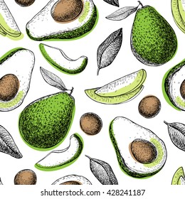 Vector hand drawn avocado seamless pattern. Whole avocado, sliced pieces, half, leaf and seed sketch. Tropical summer fruit engraved style background. Detailed food drawing. 