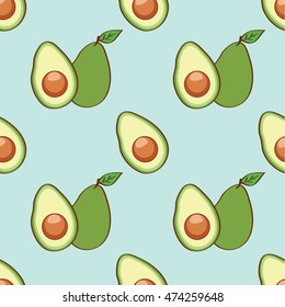 Vector hand drawn avocado seamless pattern. Whole avocado, sliced pieces, half, leaf and seed sketch. Tropical summer fruit engraved style background. Detailed food drawing.

