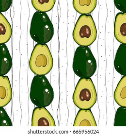 Vector hand drawn avocado seamless pattern. Detailed food drawing.