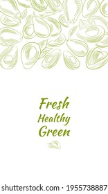 Vektor handgezeichnet Avocado und Scheiben Set.Sketch eines ganzen Avocado, geschnitten ​ ​ und Blätter. Botanische Illustration von Avocado. Juicy tropische Früchte. Ideal für Etiketten, Plakate, Drucke.