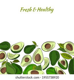 El vector dibujó a mano el aguacate y las rodajas set.Esbozo de todo un aguacate, cortando hojas y aguacate. Ilustración botánica del aguacate. Frutos tropicales jugosos.Ideal para etiquetas, afiches, impresiones.