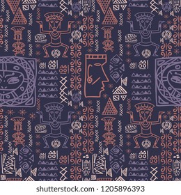 Vector hand drawn aztec pattern with seamless hieroglyphic symbol. Tribal background wallpaper for fashion wrapping and textile print.