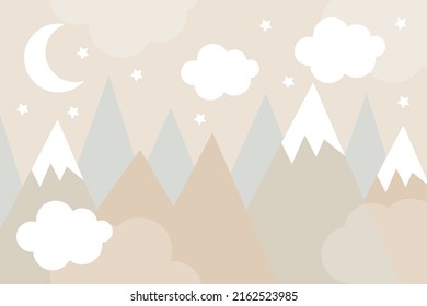 Vector hand drawn baby 3d wallpaper. Mountains, clouds, moon and stars. Trendy children's wallpaper design. 
Scandinavian style.