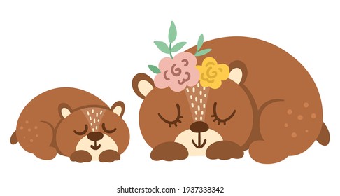 Vector hand drawn baby bear with parent isolated on white. Funny bohemian style woodland animal scene showing family love. Cute boho forest illustration for card, print, stationery design.
