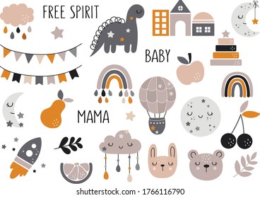 Vector hand drawn baby collection for nursery decoration with cute rainbows, fruit, bunting. Doodle illustration. Perfect for baby shower, birthday, children's party, summer holiday, clothing prints