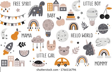 Vector hand drawn baby collection for nursery decoration with cute rainbows, fruit, bunting. Doodle illustration. Perfect for baby shower, birthday, children's party, summer holiday, clothing prints