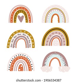 Vector hand drawn baby collection with rainbows in Scandinavian style isolated on white background. Perfect for baby shower, birthday, childrens party, summer holiday, clothing prints.