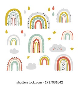 Vector hand drawn baby collection with rainbows and clouds in Scandinavian style isolated on white background. Perfect for baby shower, birthday, childrens party, summer holiday, clothing prints.