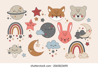 Vector hand drawn baby collection for nursery decoration with cute rainbows, clouds, moon, stars and animals. Perfect for baby shower, birthday card, clothing prints