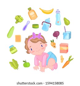 Vector hand drawn baby food set with vegetables, fruit, bottles, diapers, boxes, puree, cookies, spoon and cute baby girl. Stock kid’s collection in cartoon style isolated on white.