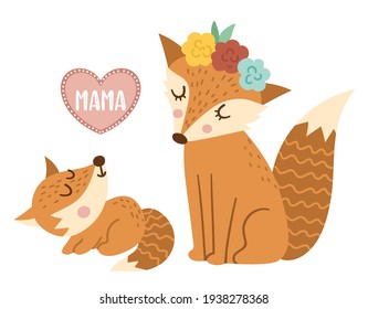 Vector hand drawn baby fox with parent isolated on white. Funny bohemian style woodland animal scene showing family love. Cute boho forest illustration for card, print, stationery design.
