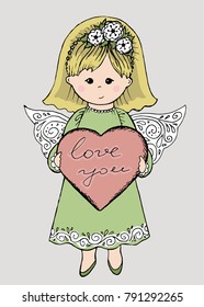 Vector hand drawn baby girl angel with a heart