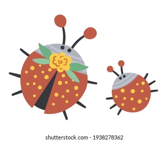 Vector hand drawn baby ladybug with parent isolated on white. Funny bohemian style woodland insect scene showing family love. Cute boho forest illustration for card, print, stationery design.

