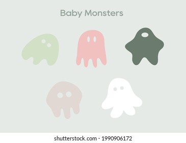 Vector hand drawn baby monsters flat collection.