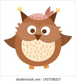 Vector hand drawn baby owl with band on the head. Cute bohemian style little woodland bird icon isolated on white background. Sweet boho forest illustration for card, print, stationery design.
